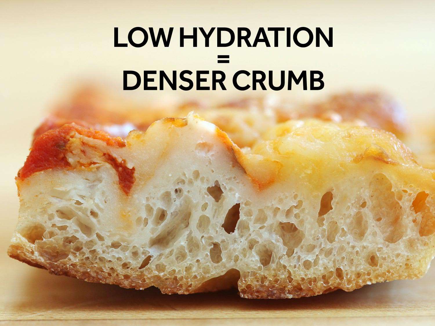Cross section of cooked pizza crust with few small air bubbles. The text reads low hydration = denser crumb.