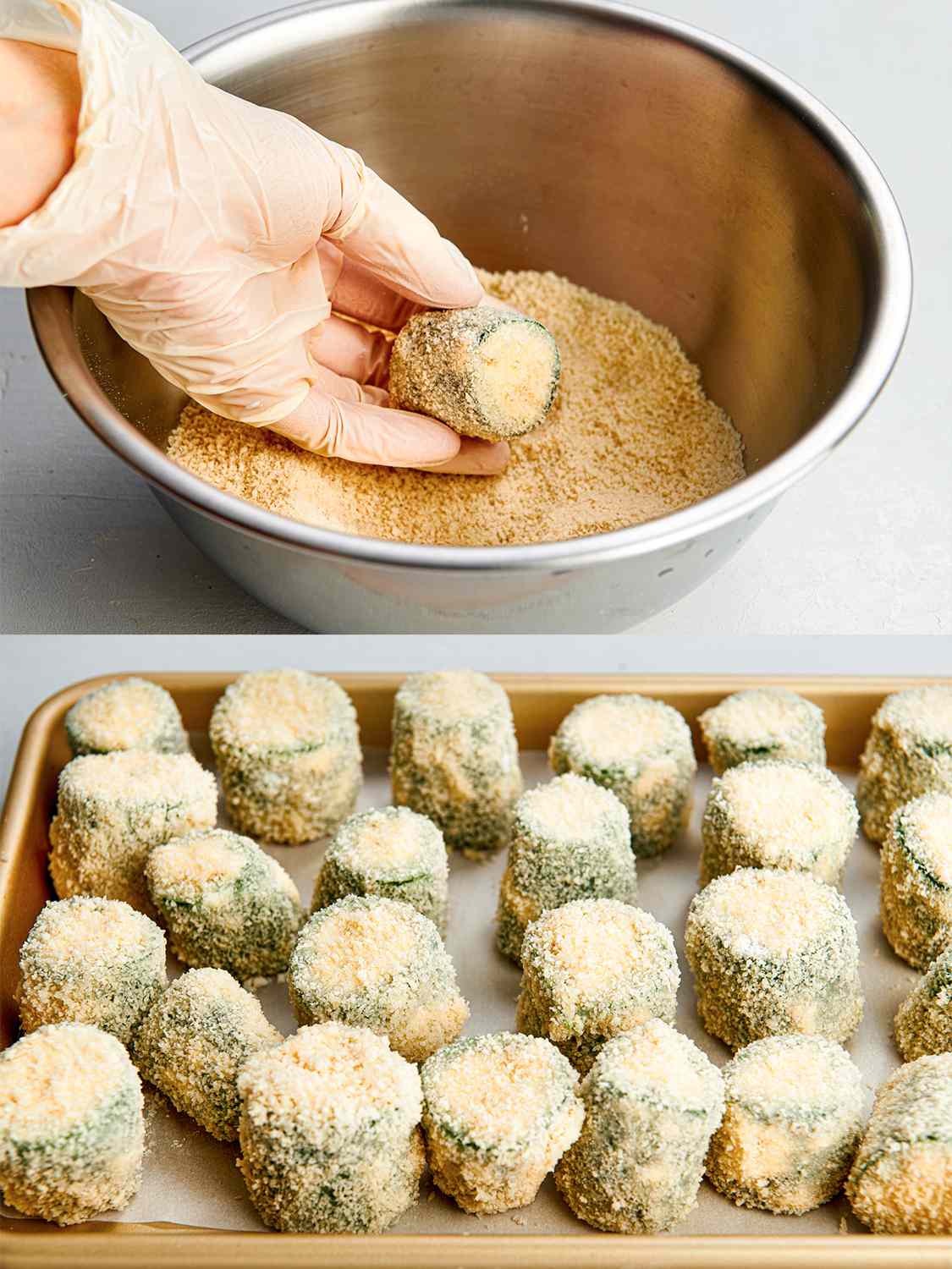 A two-image collage. The top image shows a stuffed jalapeÃ±o ring which had been dipped in milk, flour, and milk again, now being dipped into a bowl of breadcrumbs as the final breading step. The bottom image shows a parchment-lined sheet pan holding many breaded jalapeÃ±o rings.