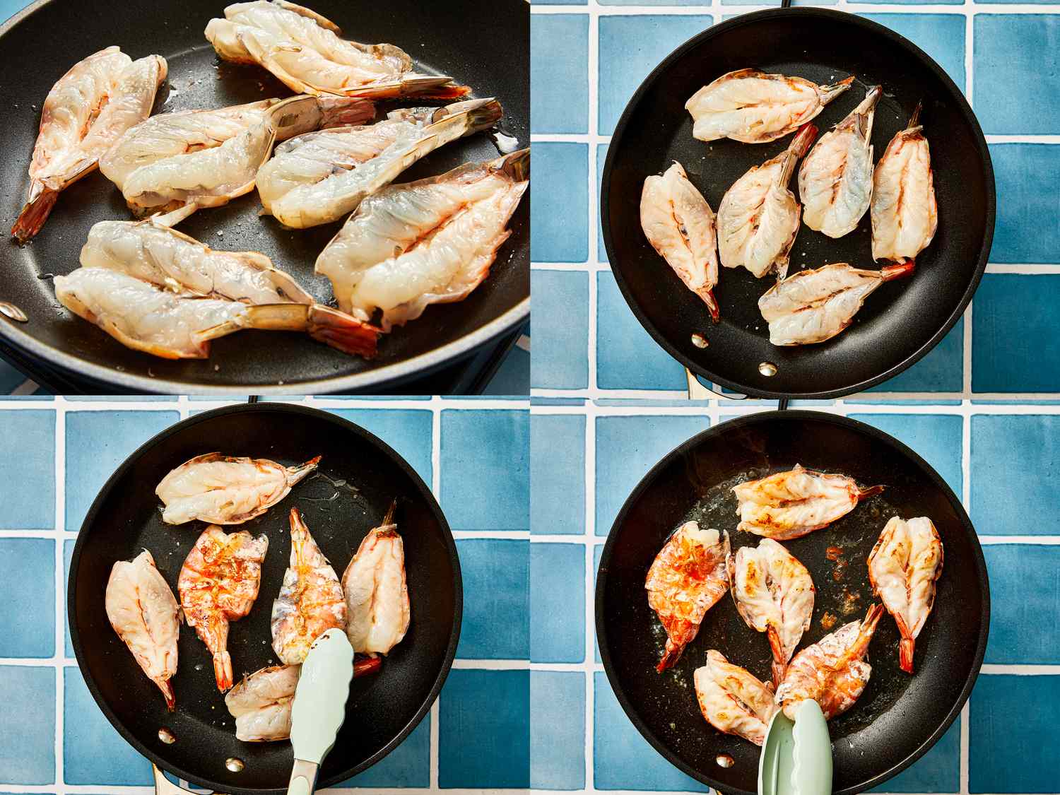 Cooking steps showing shrimp sauted in a skillet