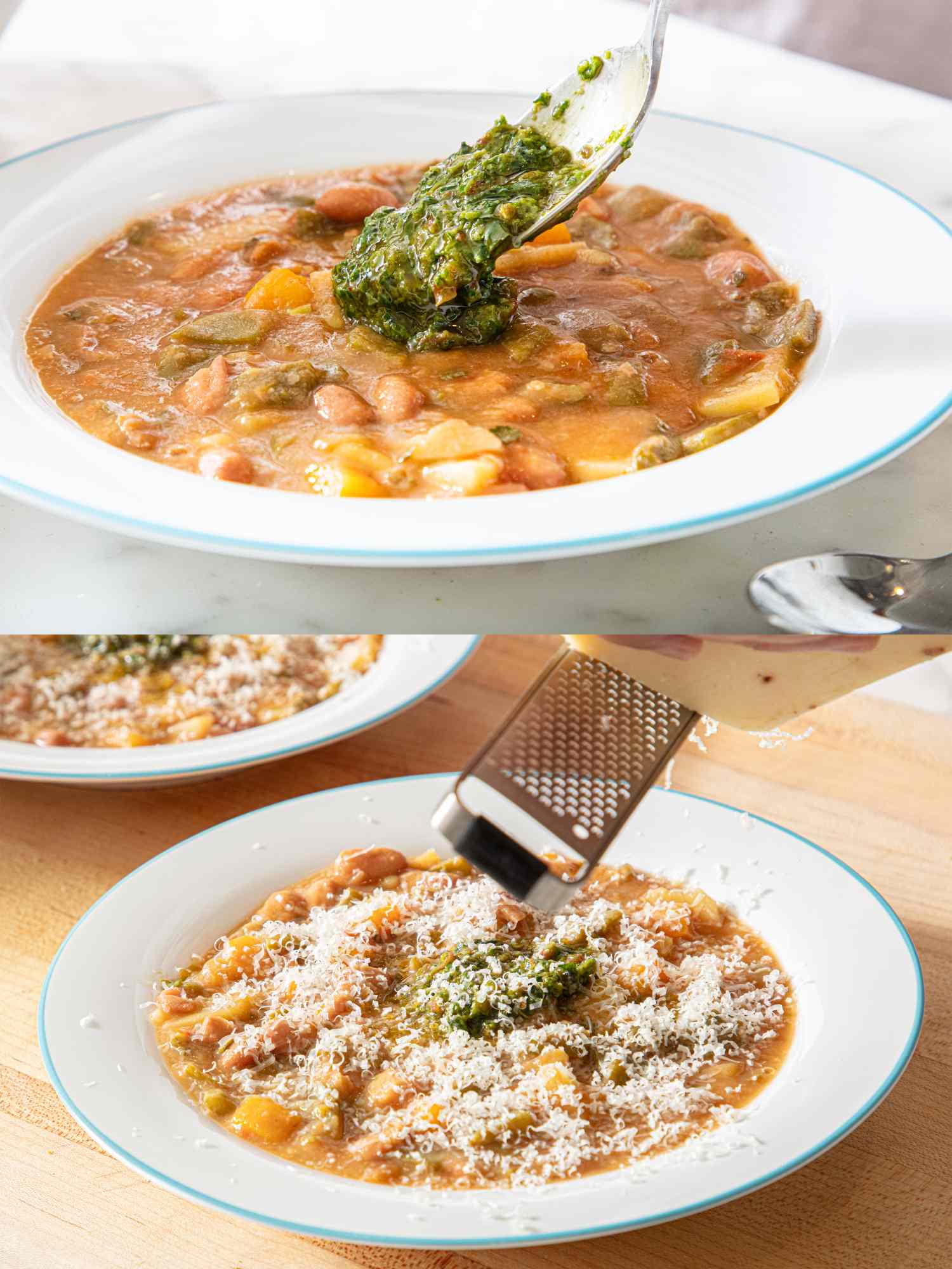 Two images showing pistou soup being prepared the first with pistou spooned into the soup the second grating cheese over it