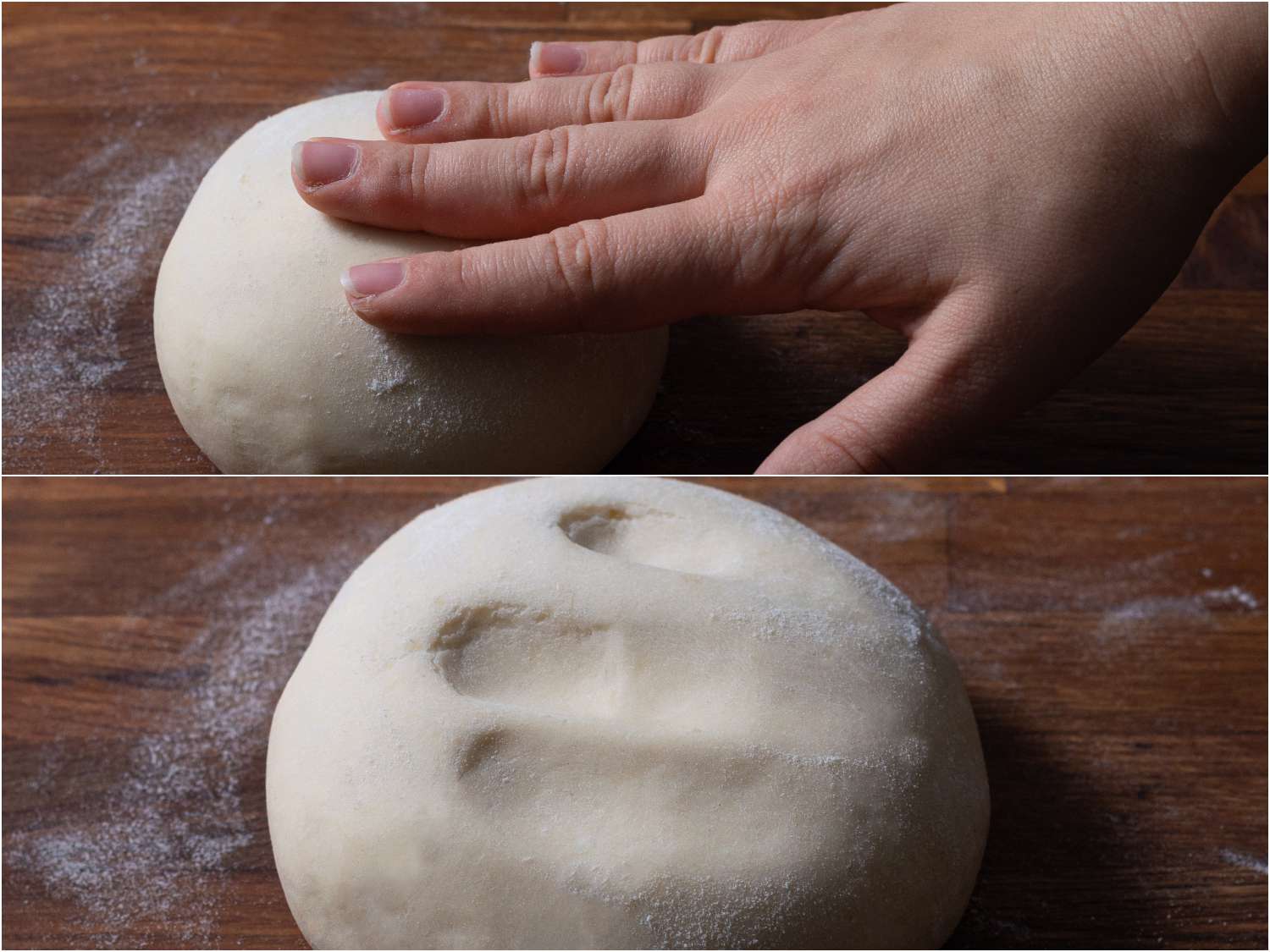 A collage demonstrating a hand pressing down into a ball of dough in the top frame, and an imprint of the hand on the dough in the bottom frame.