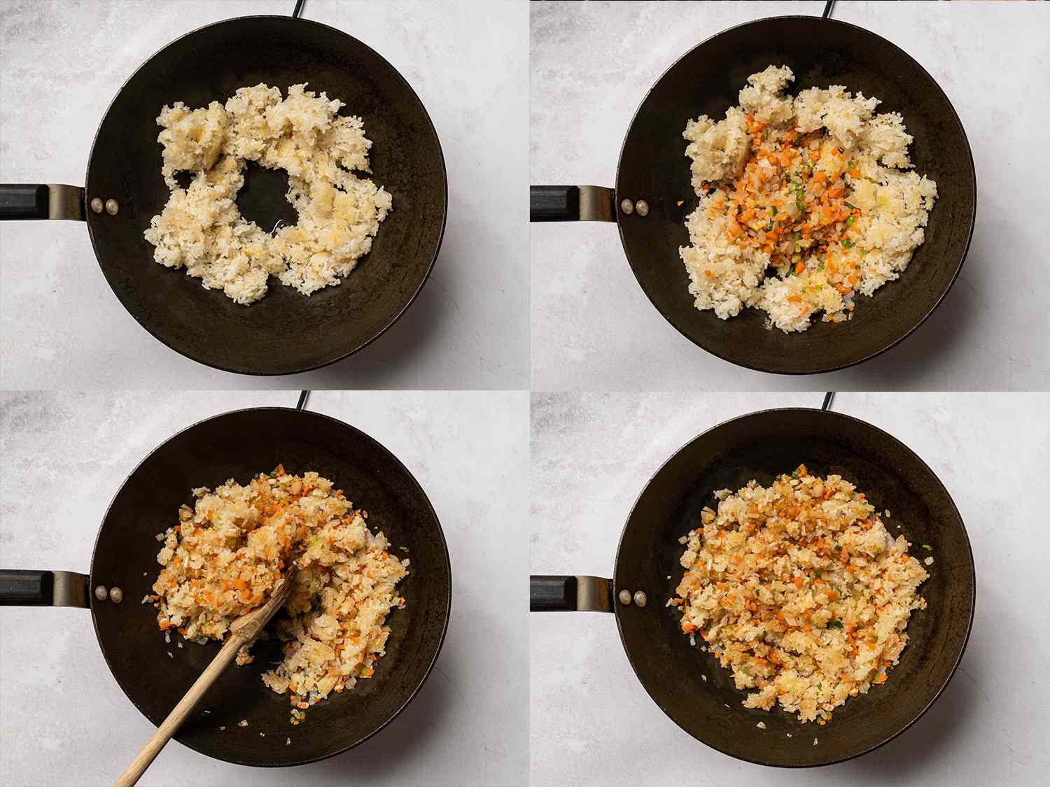 A four-photo collage showing: making space in the center of the wok, filling this space with vegetables, tossing everything together with a wooden spoon, then the final dish.