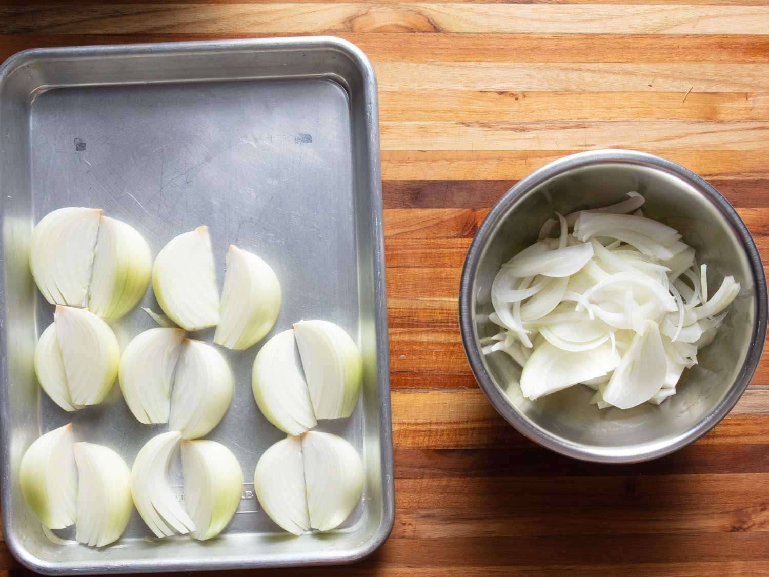 Two onions cut into wedges and one sliced thin for the tarte tatin.