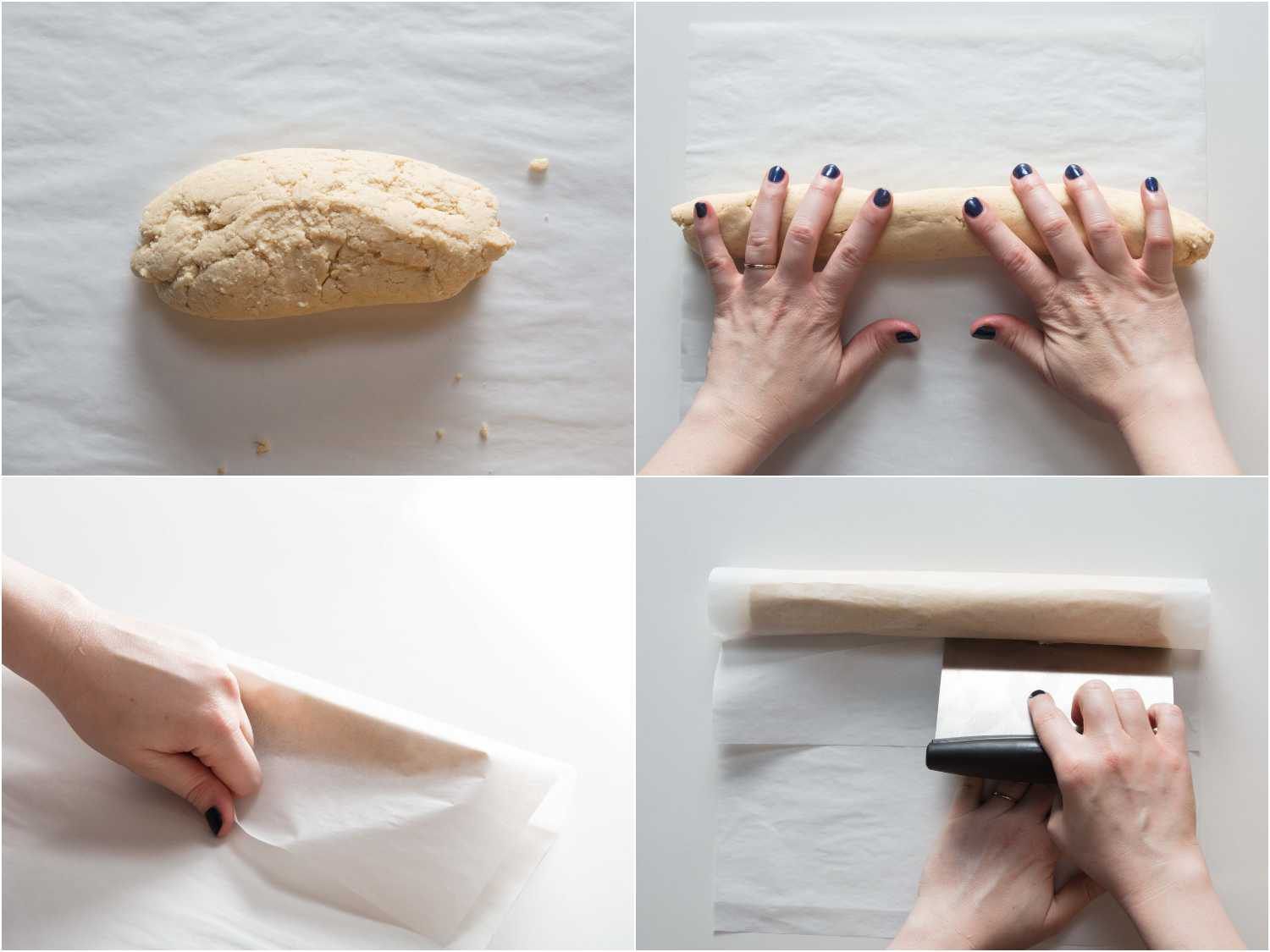 Collage of forming the dough into a log, wrapping it with parchment paper and using a bench scraper to roll the parchment paper wrapped dough. 