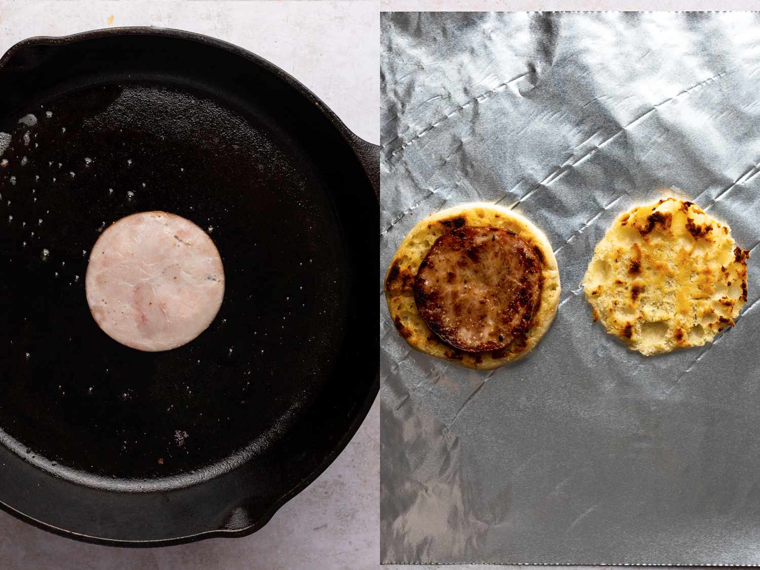 A two-image collage. The left image shows a slice of Canadian bacon being cooked in a cast iron skillet. The right image shows the now-browned Canadian bacon placed on top of the left half of the toasted, split English Muffin, on a sheet of aluminum foil.
