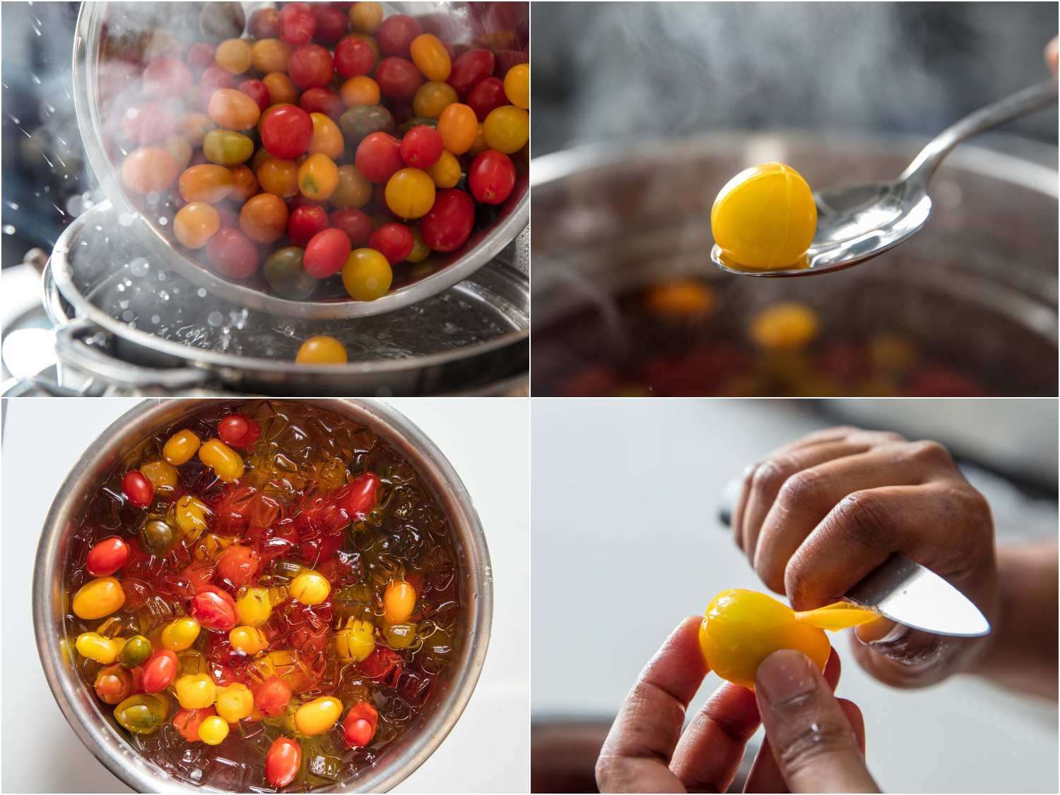 Collage of blanching and peeling cherry tomatoes.