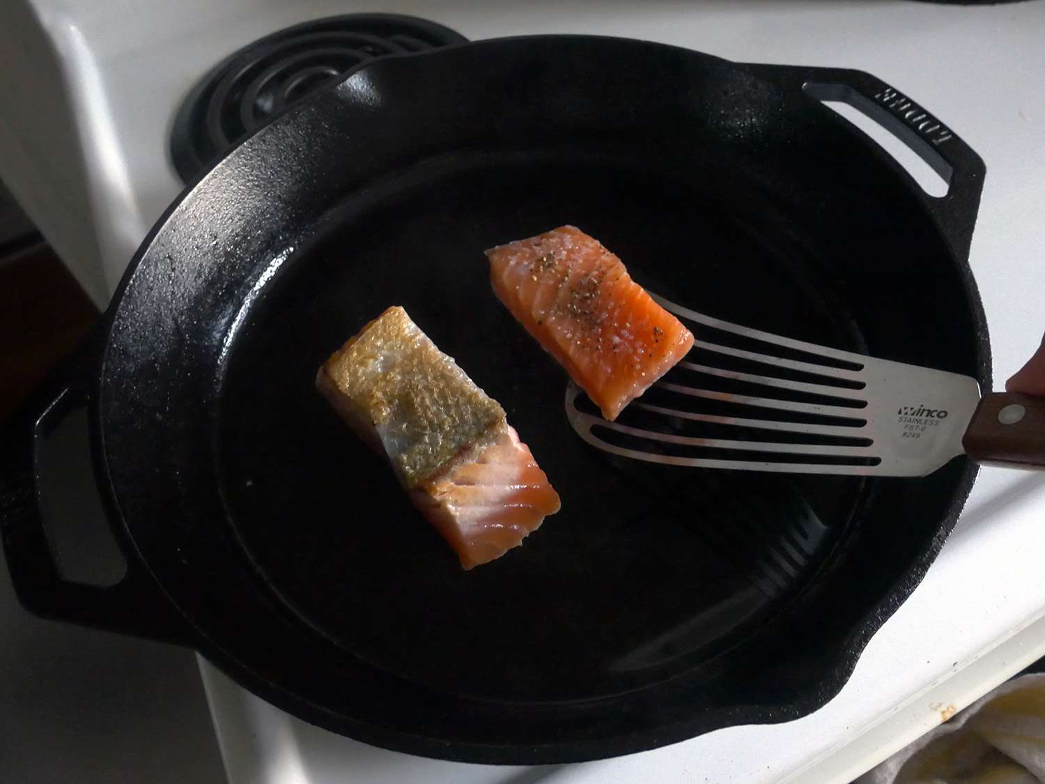 flipping fish with the winco spatula