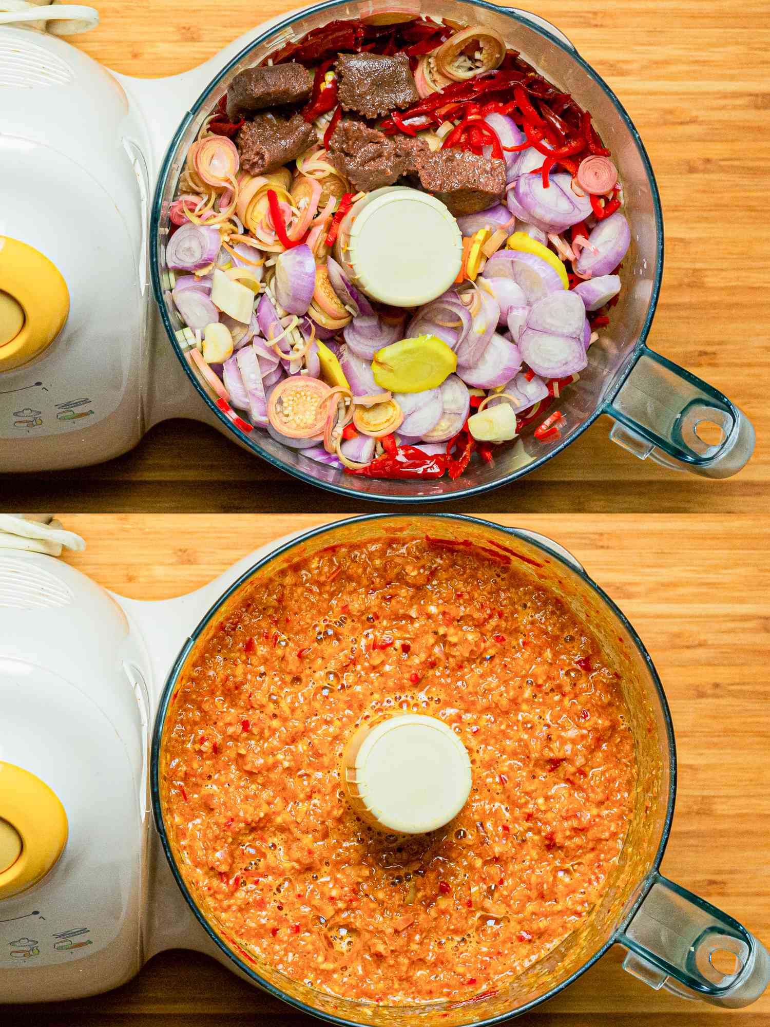 Two image collage of ingredients in the food processor bowl before and after being processed