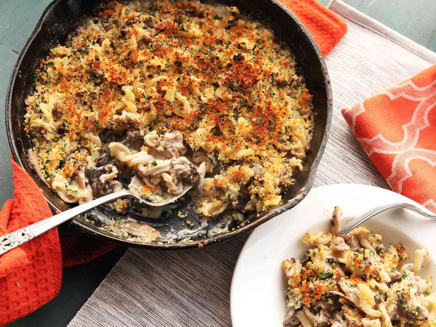 Finished baked pasta with mushrooms and sausage.