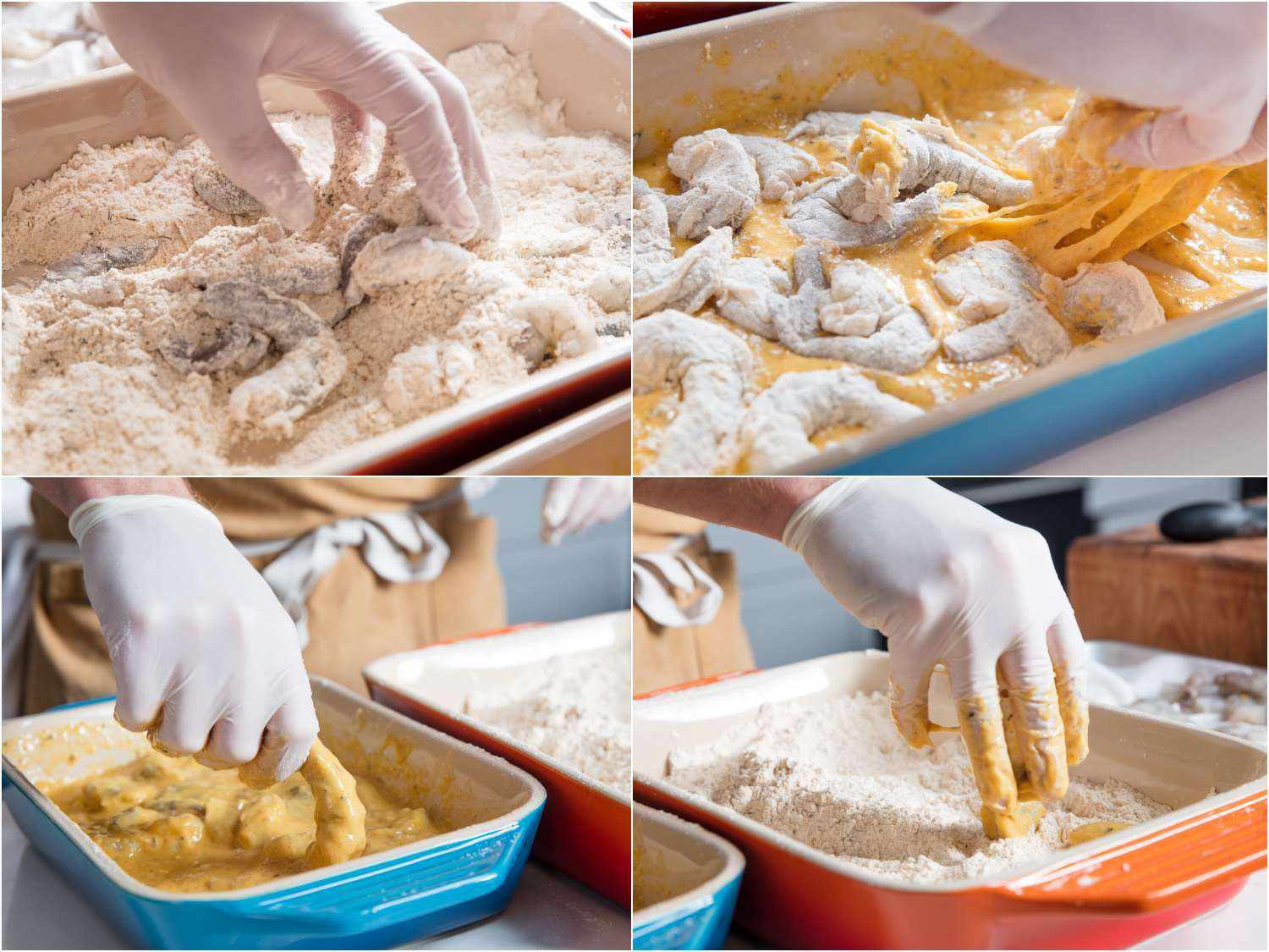 Process shots of dredging shrimp for po' boys.