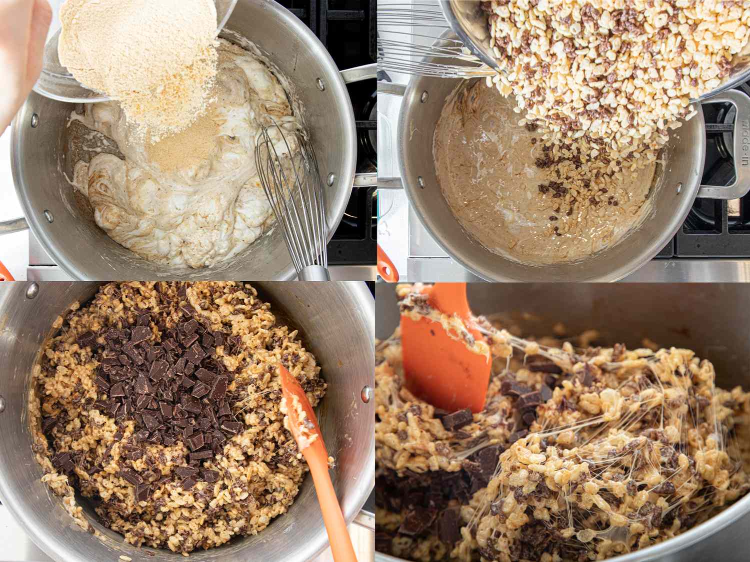 Cooking process of mixing ingredients for a recipe including melted marshmallow rice cereal and chocolate chunks in a saucepot
