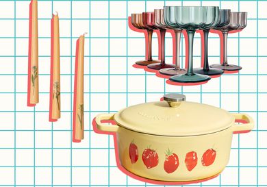 East Fork Pressed Flower Tapers, Khen Glasses, and Anastasia Inciardi Dutch Oven on a multi color background