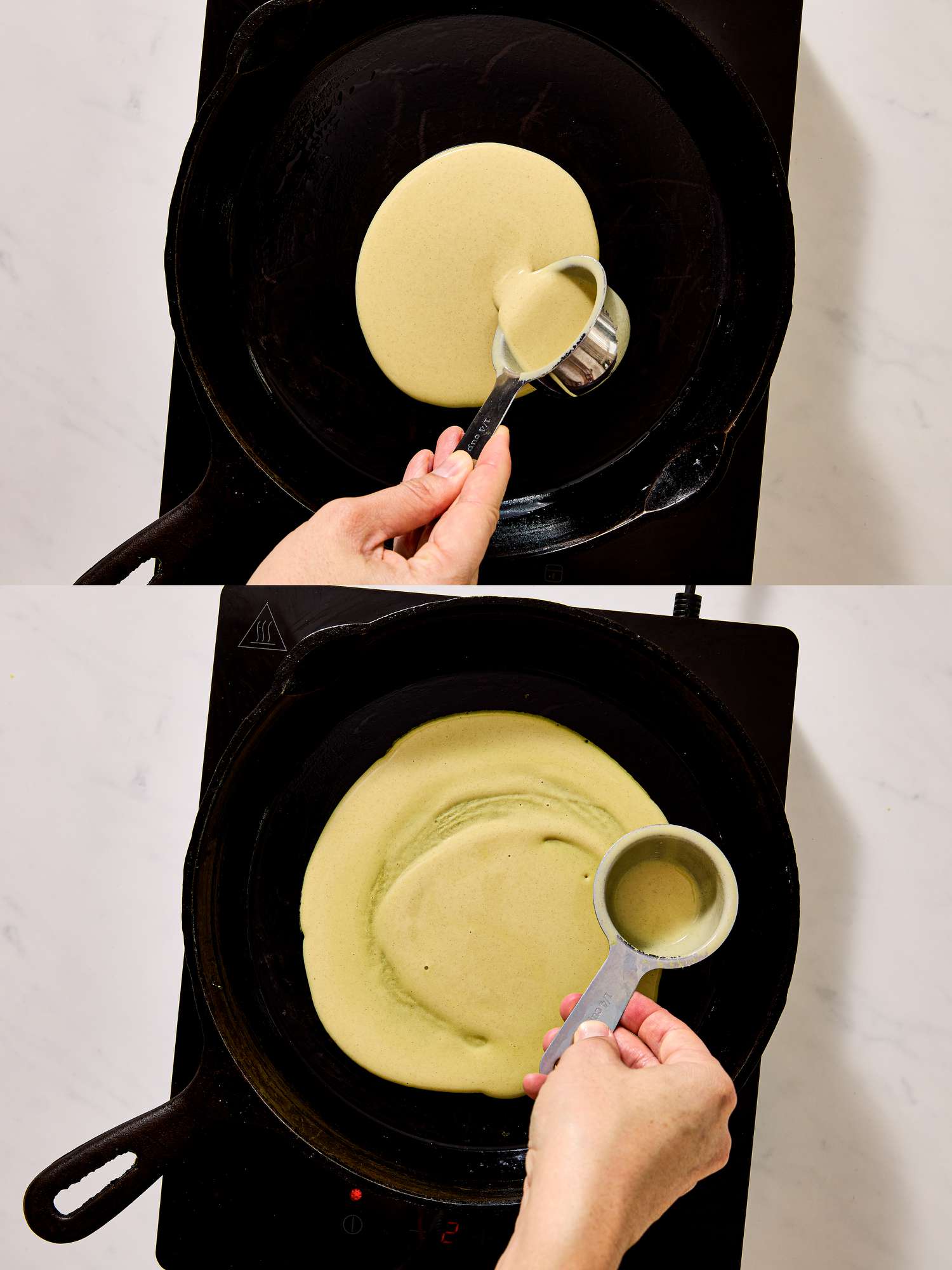 2 image collage. Top: pouring batter on skillet. Bottom: using measuring cup to spread batter on skillet