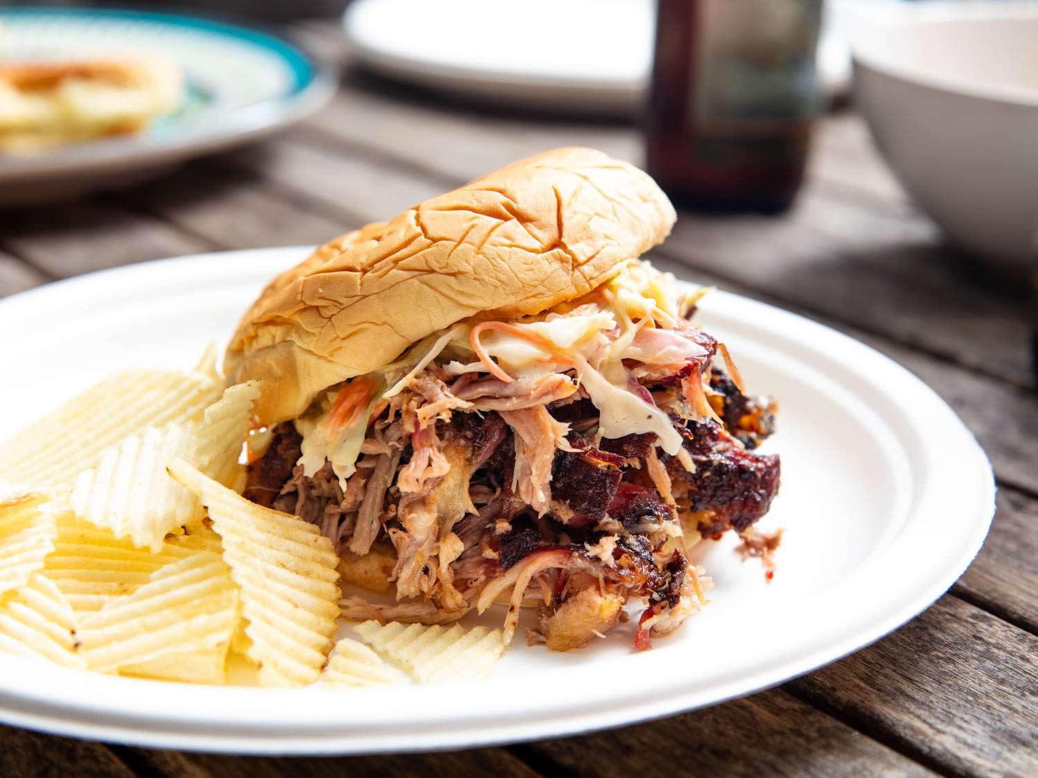 A pulled pork sandwich with coleslaw