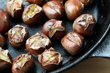 A platter of oven-roasted chestnuts.