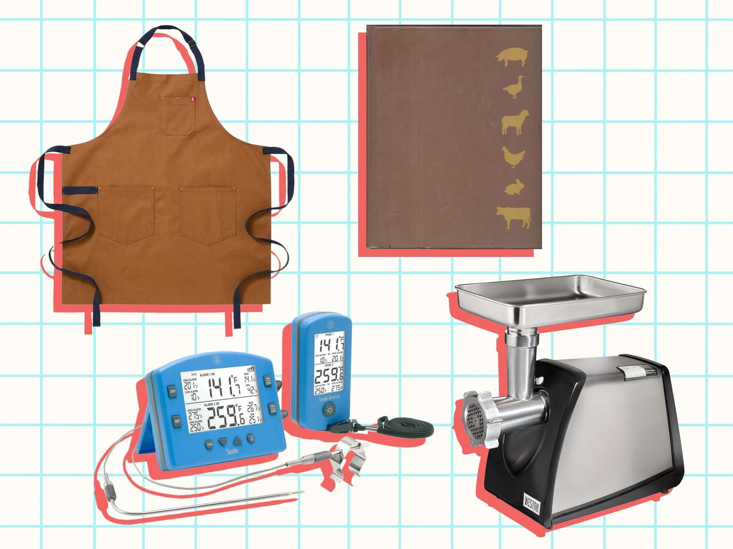 A collection of items including a meat grinder a cooking apron meat thermometers and a cookbook with animal silhouettes on the cover