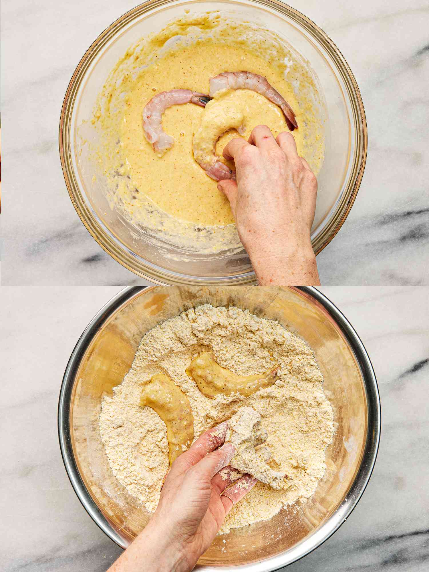 2 image collage. Top: Dipping raw shrimp into mixture in a glass bowl. Bottom: dredging mixture in flour mixture