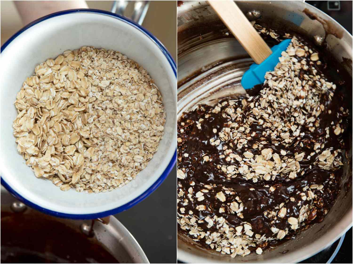 Stirring a mixture of instant and old-fashioned oats into the chocolate mixture. 