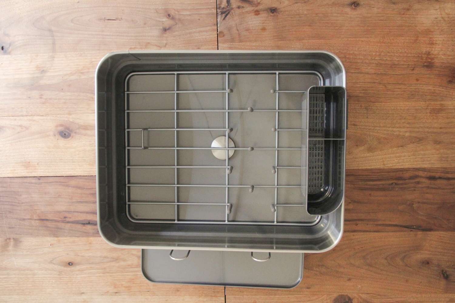 Top view of the Simplehuman Standard Steel Frame Dish Rack on a wood surface