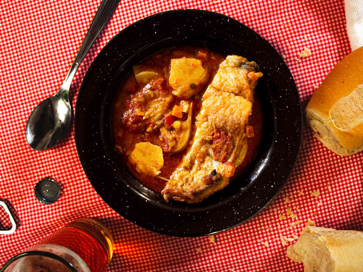 Overhead view of finished stew