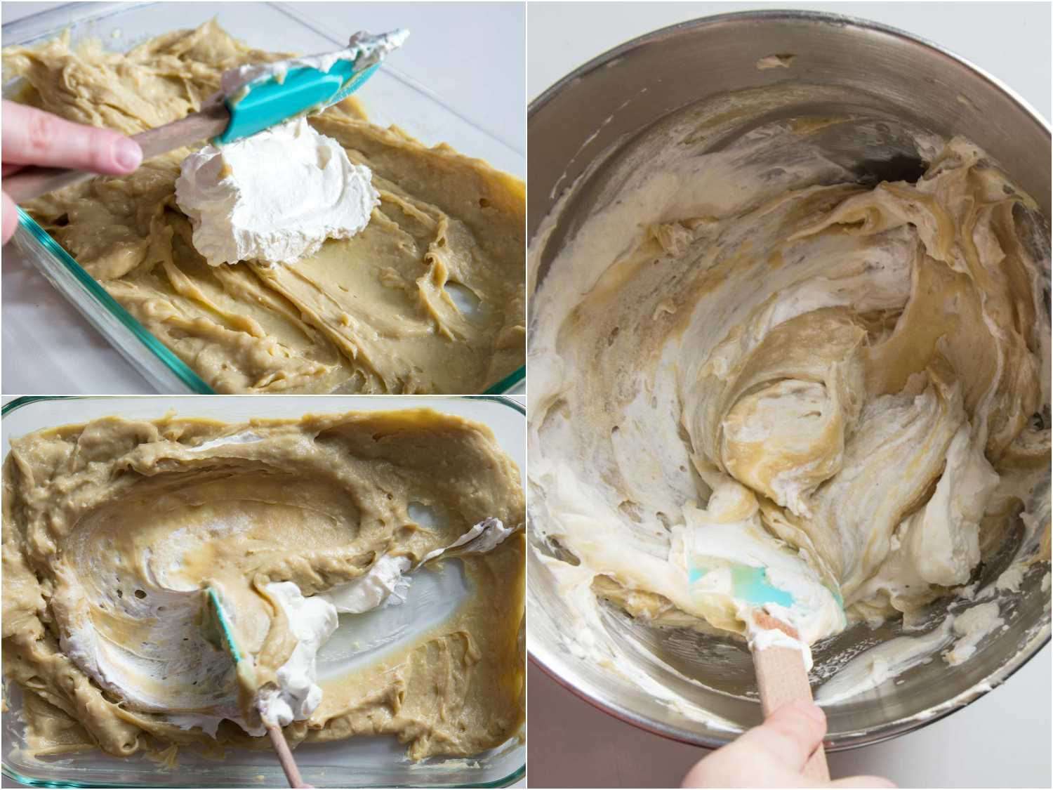 folding whipped cream into the banana custard