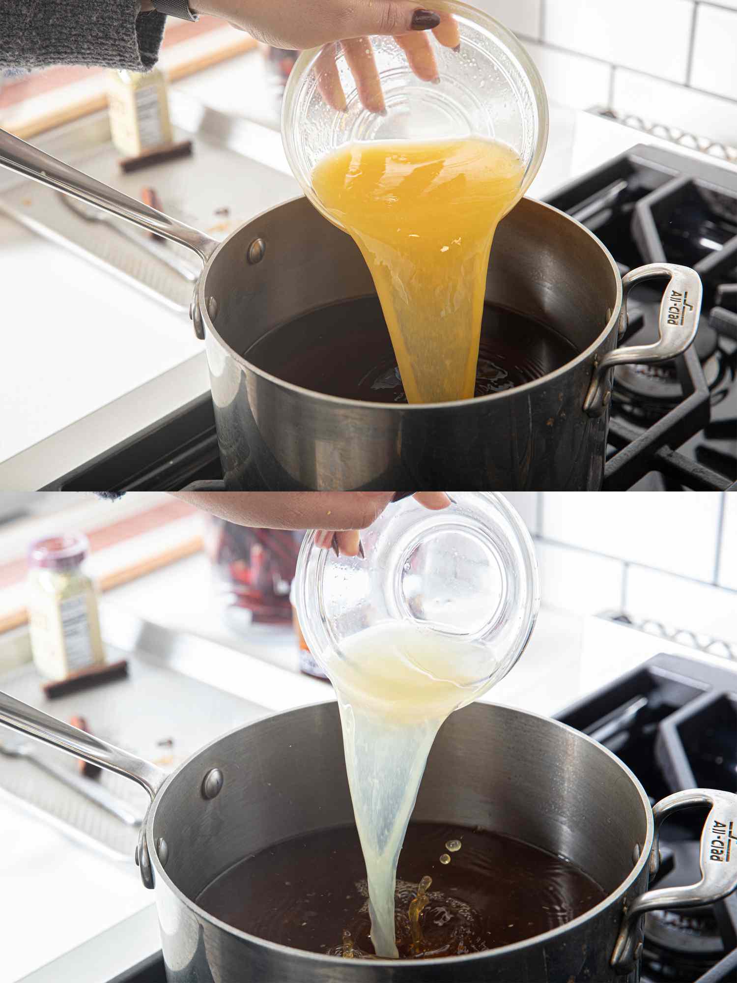 Two image collage of pouring orange and lemon juice