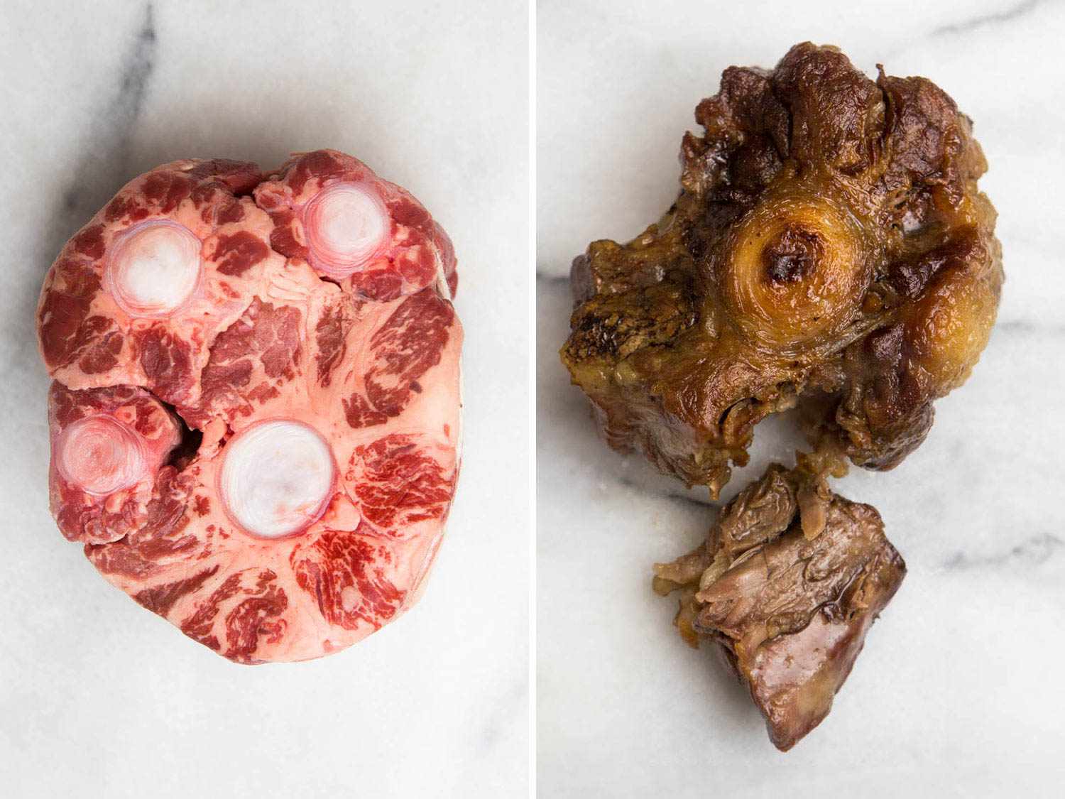 Beef oxtail, raw and after stewing