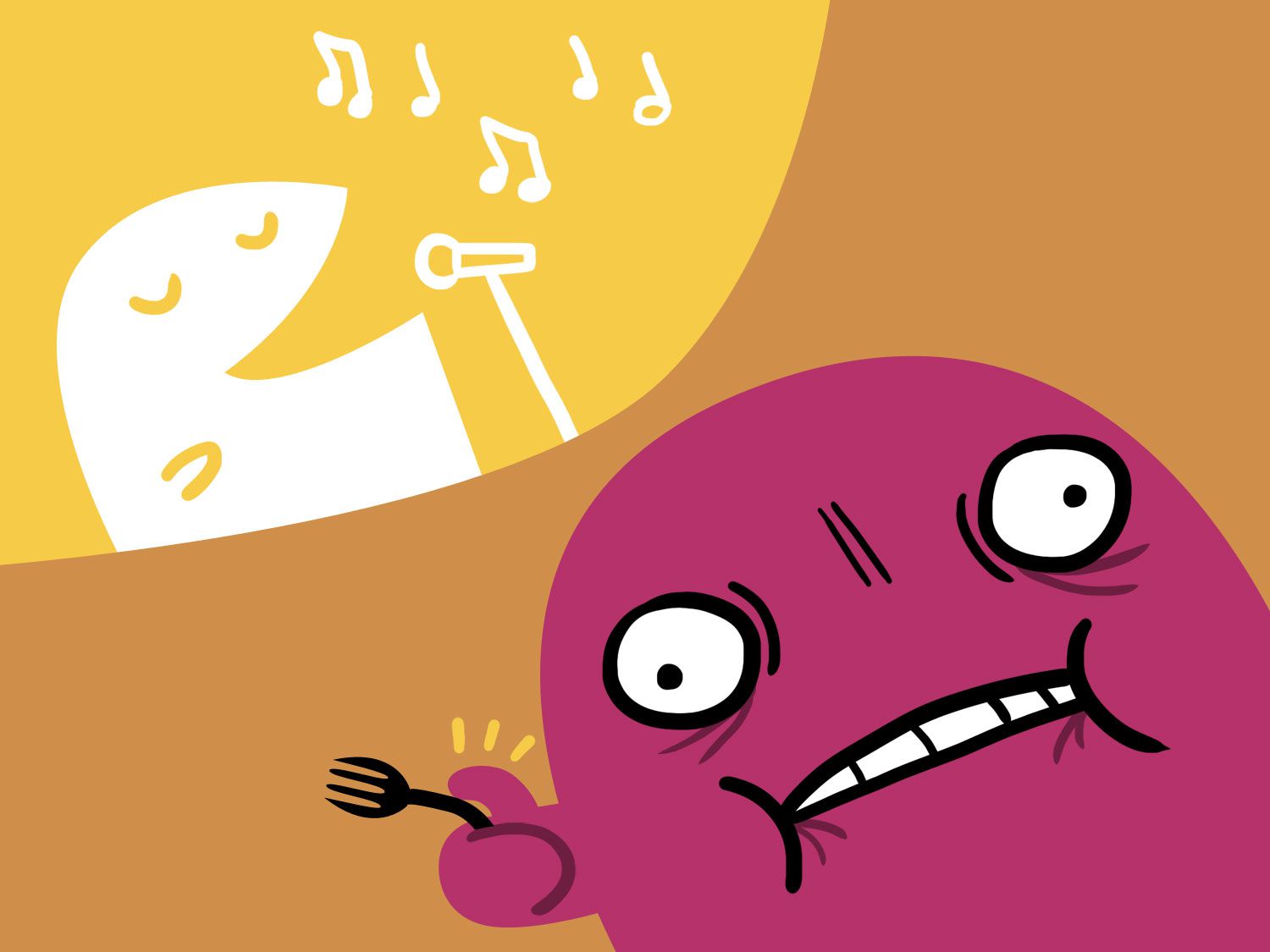 An illustration of an furious diner in the foreground, with someone singing in the background.