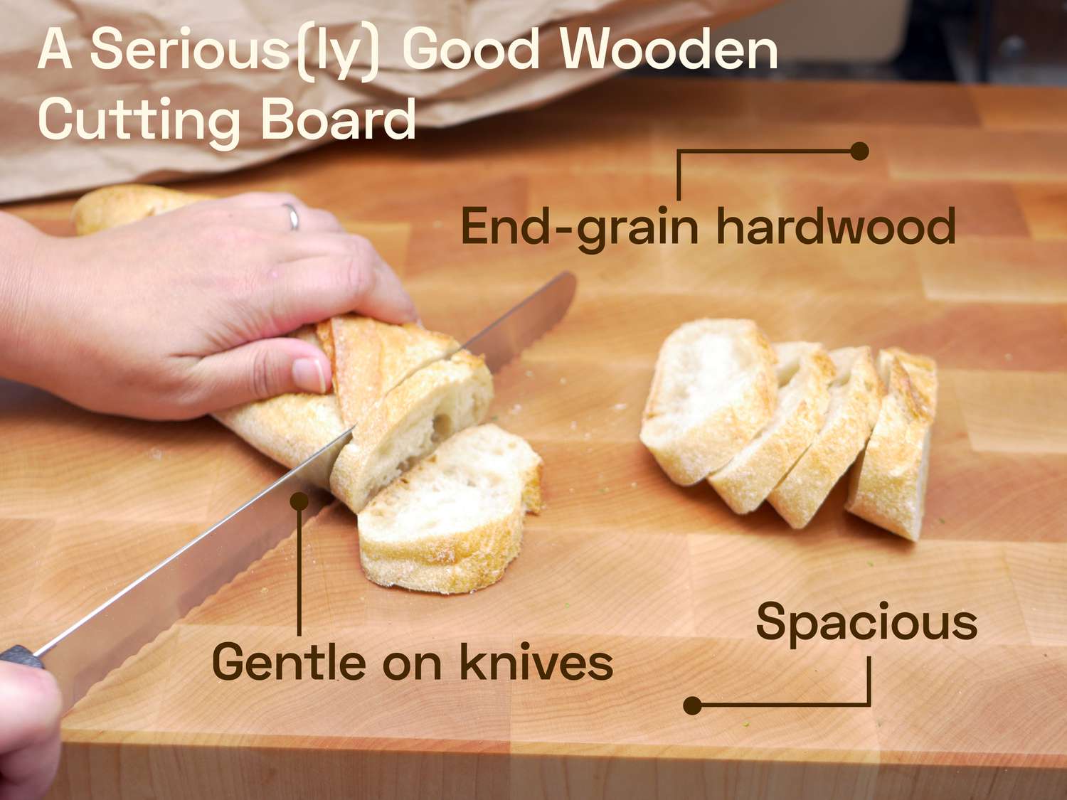 cutting bread on a wooden cutting board