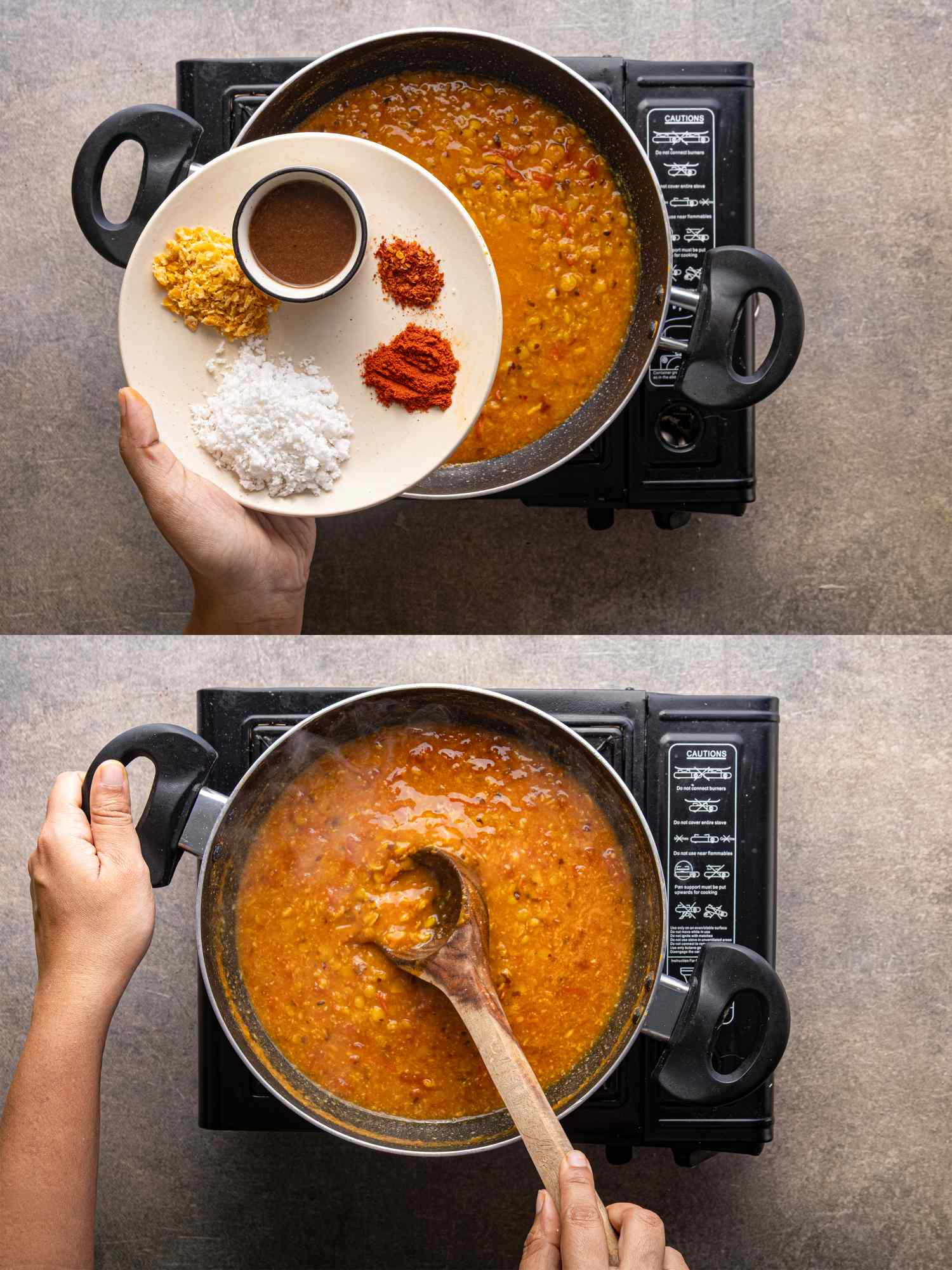 Cooking a curry in a pan with hands adding spices from a plate and stirring the dish