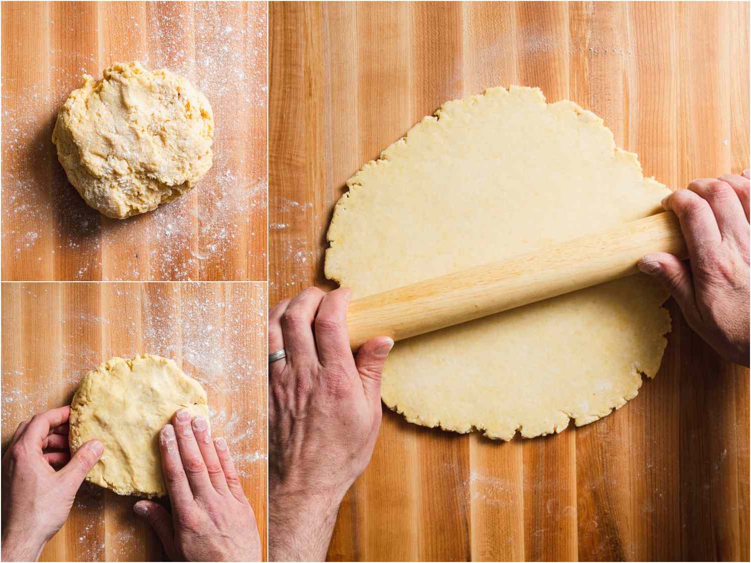 collage: dough on a surface being patted and rolled out into a circle