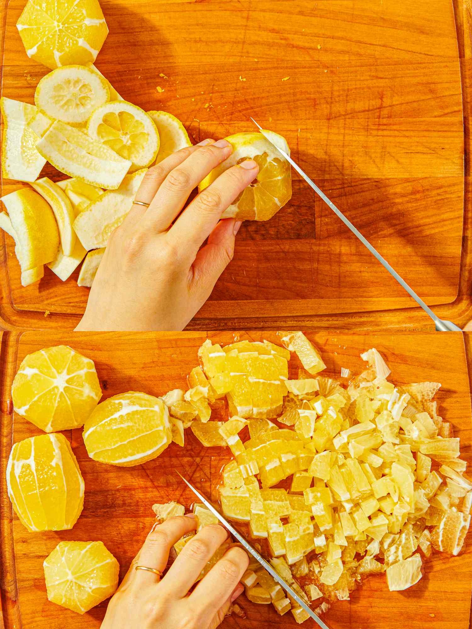 A hand slicing lemons on a wooden cutting board segmented lemons and diced pieces shown in the progression