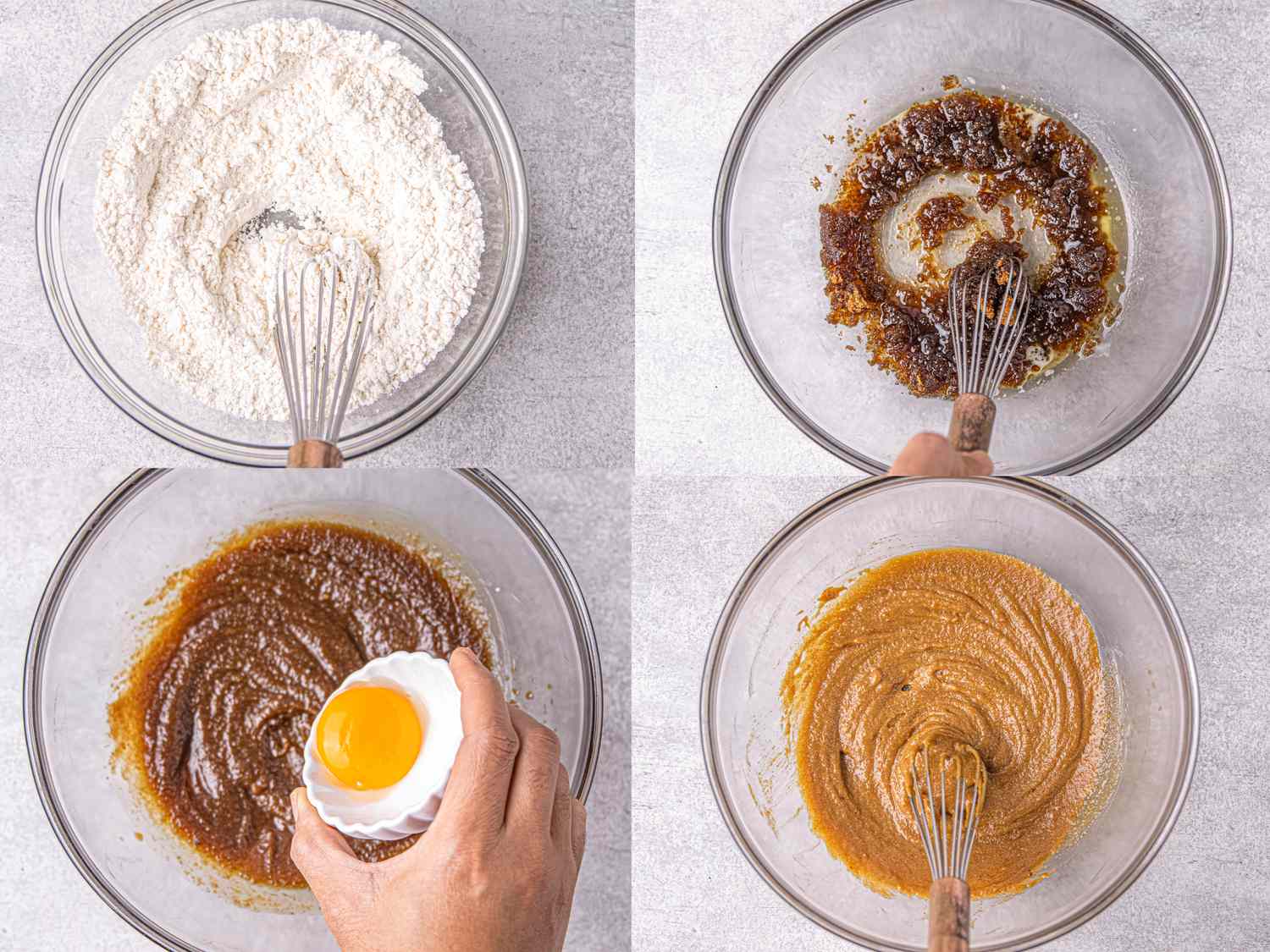 Steps showing ingredients being mixed for air fryer chocolate chip cookies in clear bowls