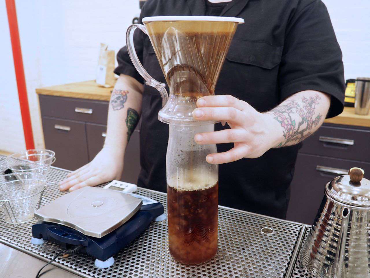 Brewing iced coffee via an immersion method.