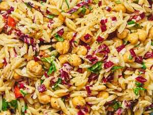 Orzo pasta salad with vegetables and chickpeas