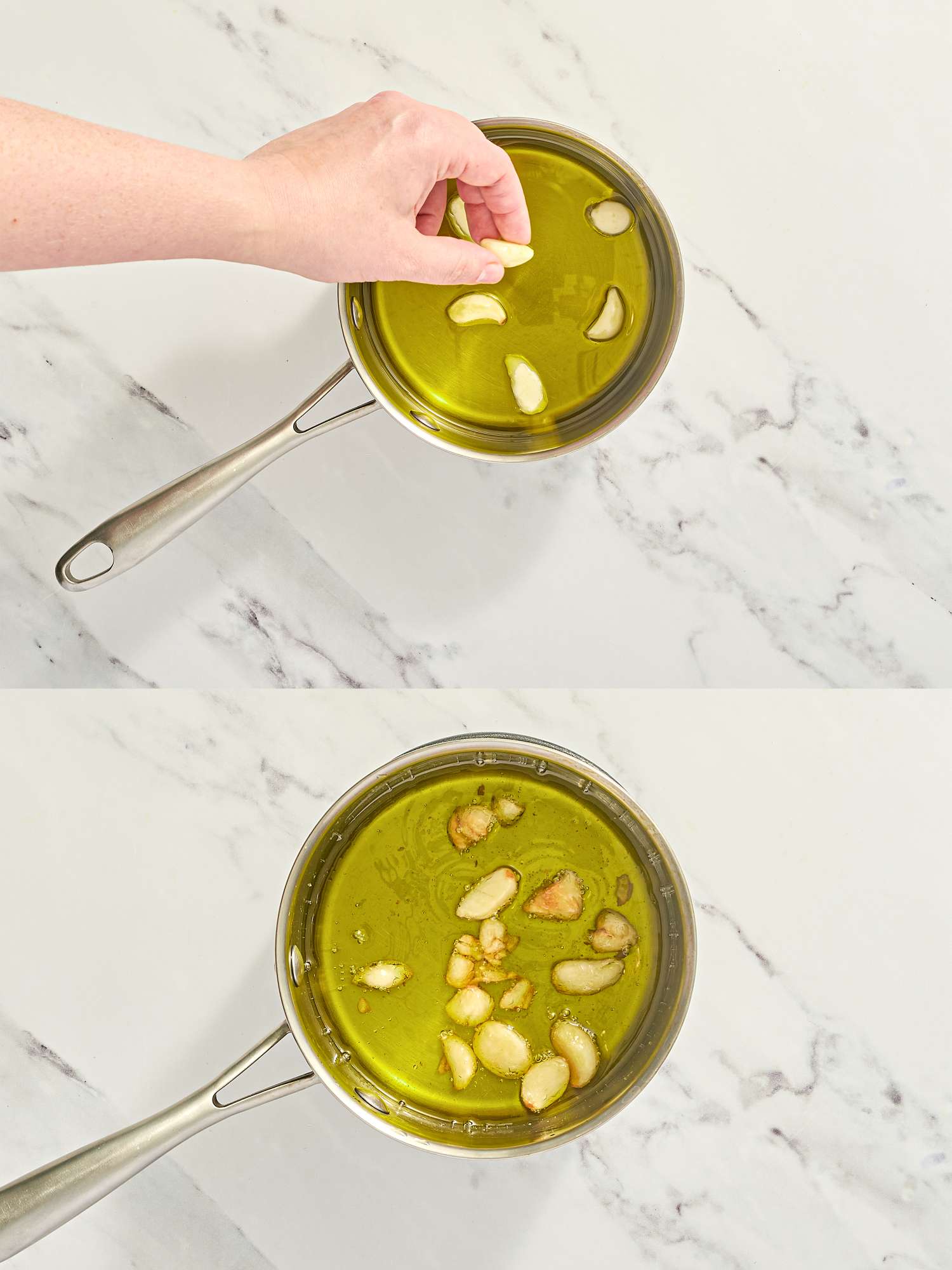 A hand adding garlic cloves to a small saucepan filled with liquid followed by a view of garlic cloves cooking in the same saucepan