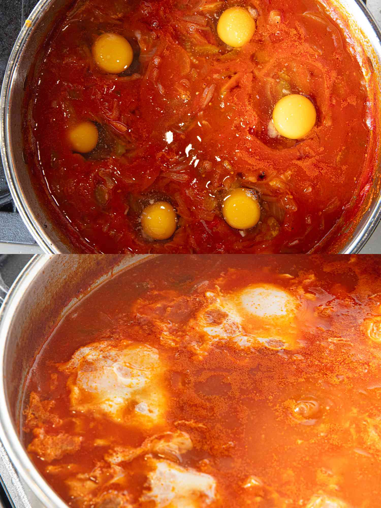Two image collage of eggs cooking in soup