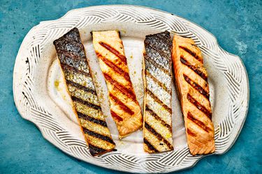 Overhead view of grilled salmon