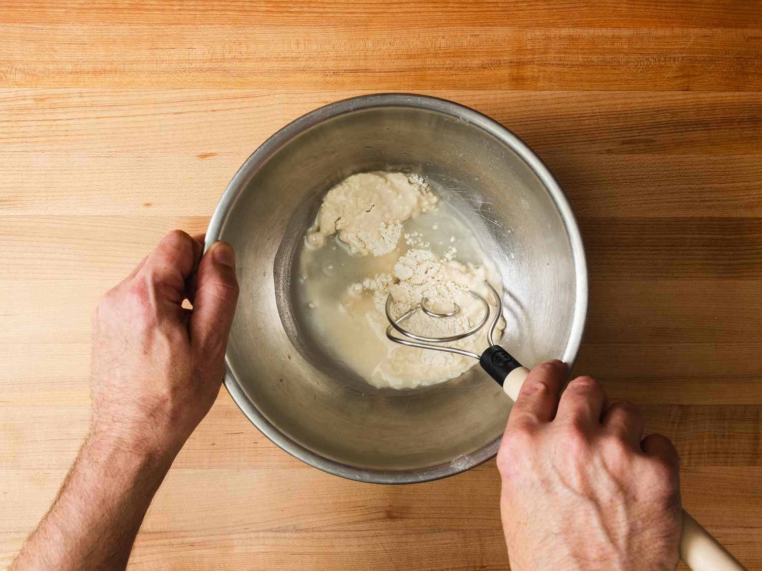 Overhead view of mixing poolish