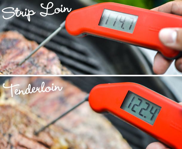 Two images of an instant-read thermometer being stuck into an out-of-focus steak. One image is labeled "strip loin" and the thermometer reads 114.7 degrees Fahrenheit; The other is labeled "tenderloin" and the thermometer is reading 122.4 degrees Fahrenheit.