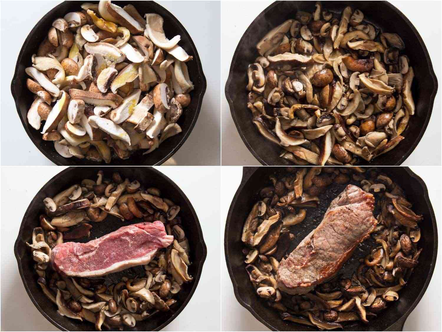 Collage of process of broiling strip steak and mushrooms