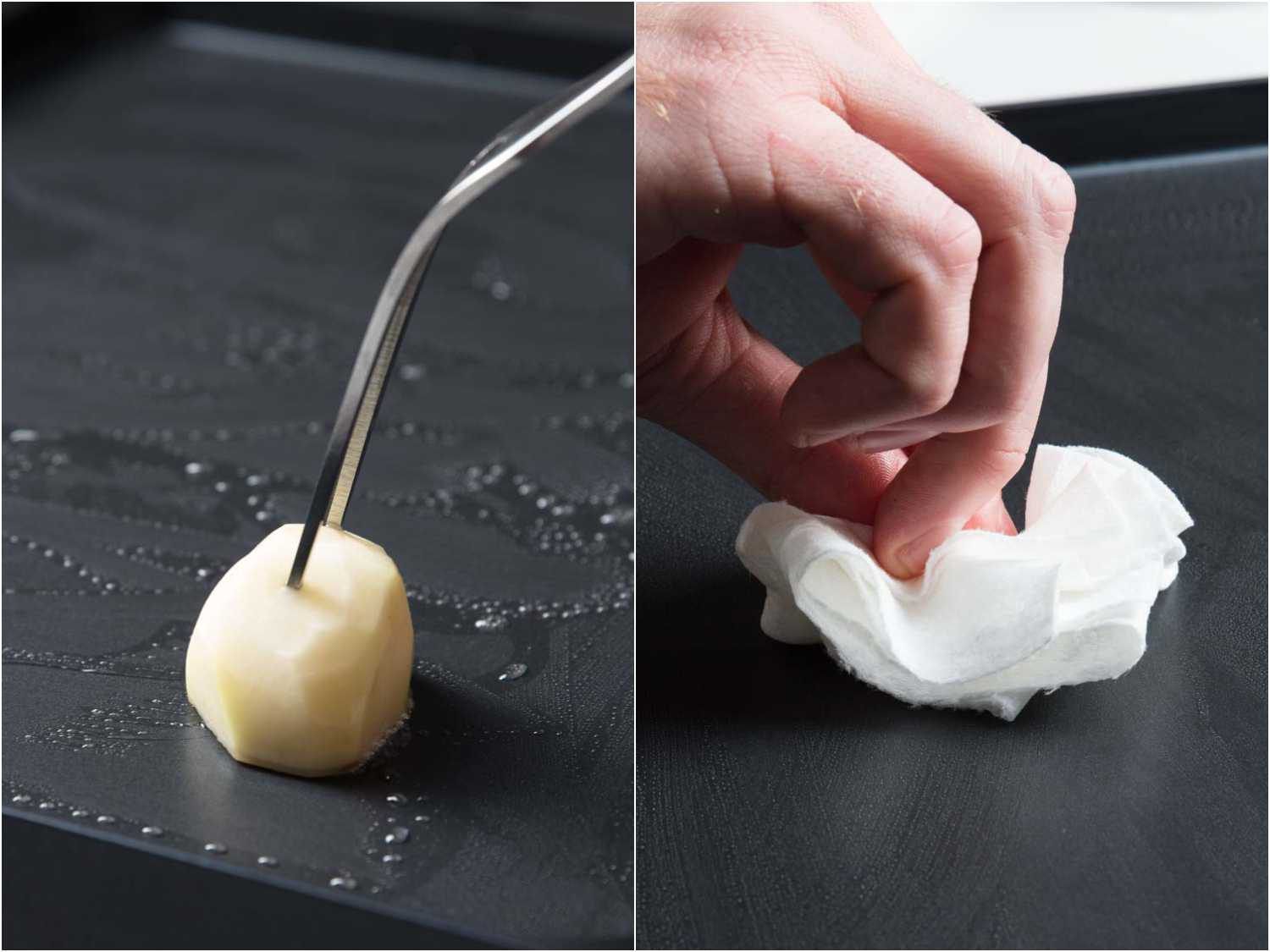 Side by side shots of greasing a griddle with the traditional method of using an oil-soaked potato vs an oil-soaked paper towel