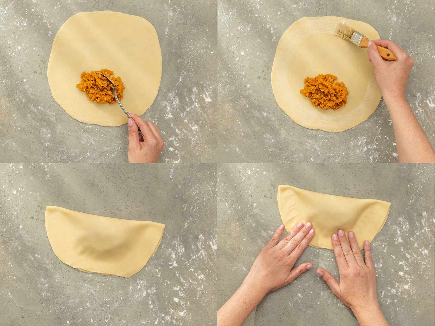 Four image collage of filling and folding pequenes