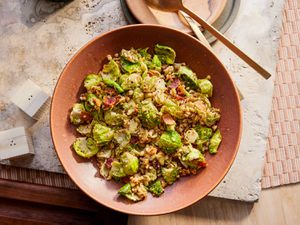 Overhead view of warm brussels sprouts salad on a Thanksgiving 