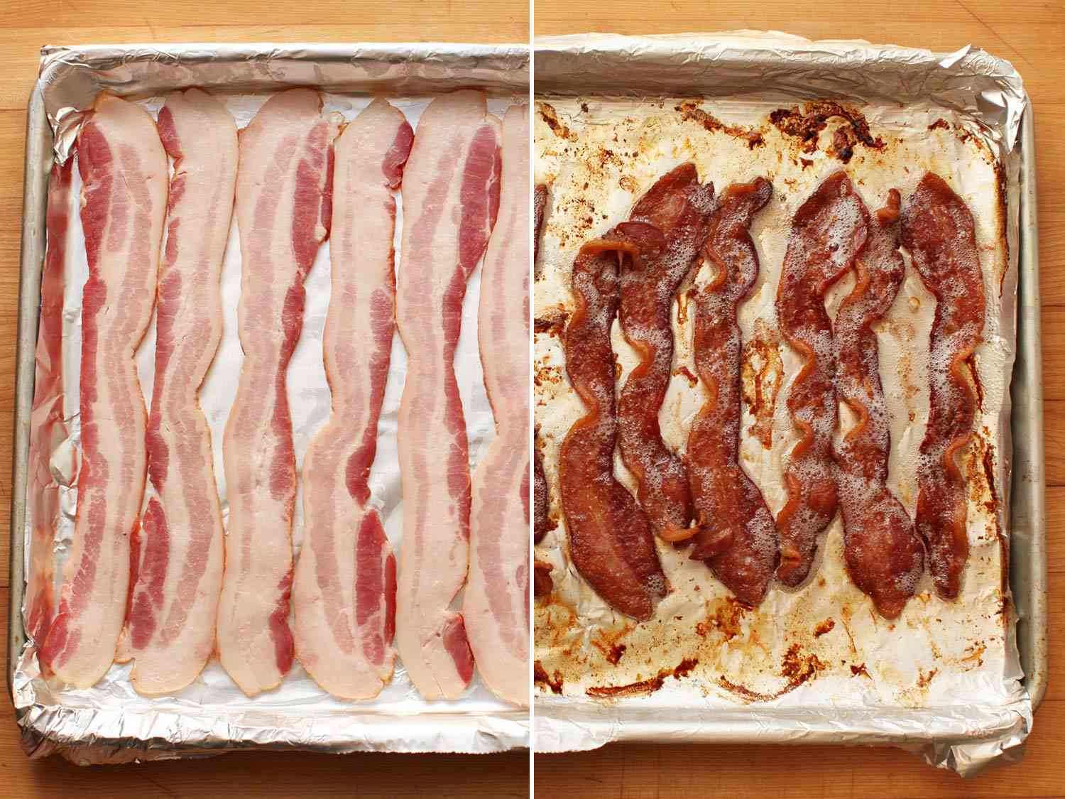 A before-after split-view of a baked bacon on a foil-lined baking sheet.