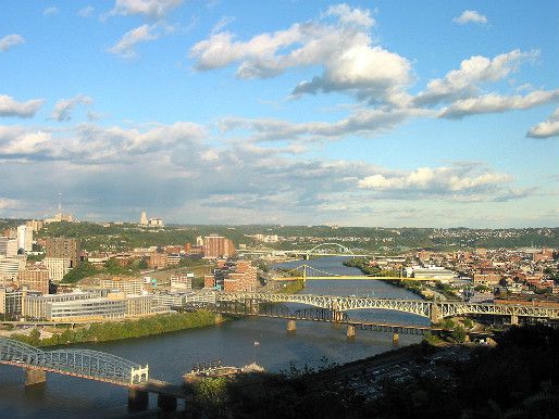 Looking upstream along the Monongahela River from Mount Washington in Pittsburgh, Pennsylvania.
