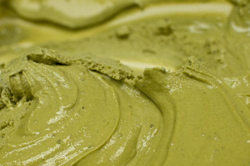 Close-up of freshly churned matcha ice cream.