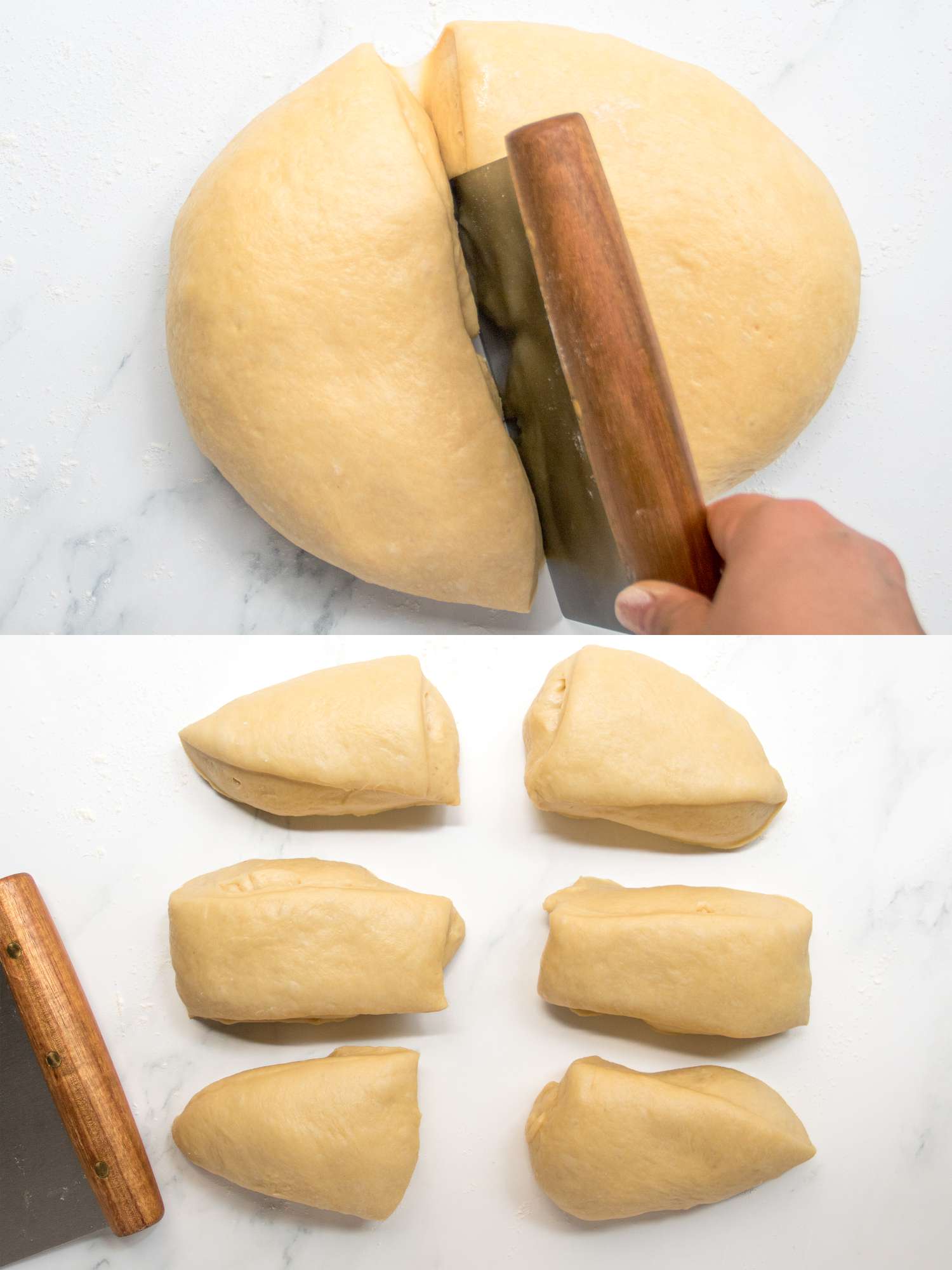 2 image collage. Top: Cutting the deflated dough into 2 equal pieces with bench scraper Bottom: dividing each dough piece into 6 equal pieces 
