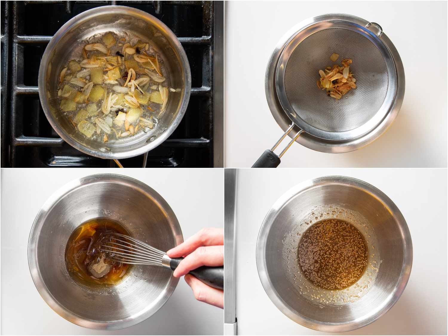 Heating oil, garlic, ginger, star anise, and cloves in a sauce pan and then straining before whisking in sesame oil, water, sugar, rice vinegar, salt, soy sauce, white pepper, and sesame seeds.