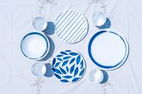 Lenox Blue Bay Melamine Dinnerware Set in blue patterns arranged on a floral tablecloth